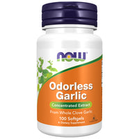 Supplement bottle labeled 'Odorless Garlic' by NOW on a white background - Ireland - Probiotic.ie