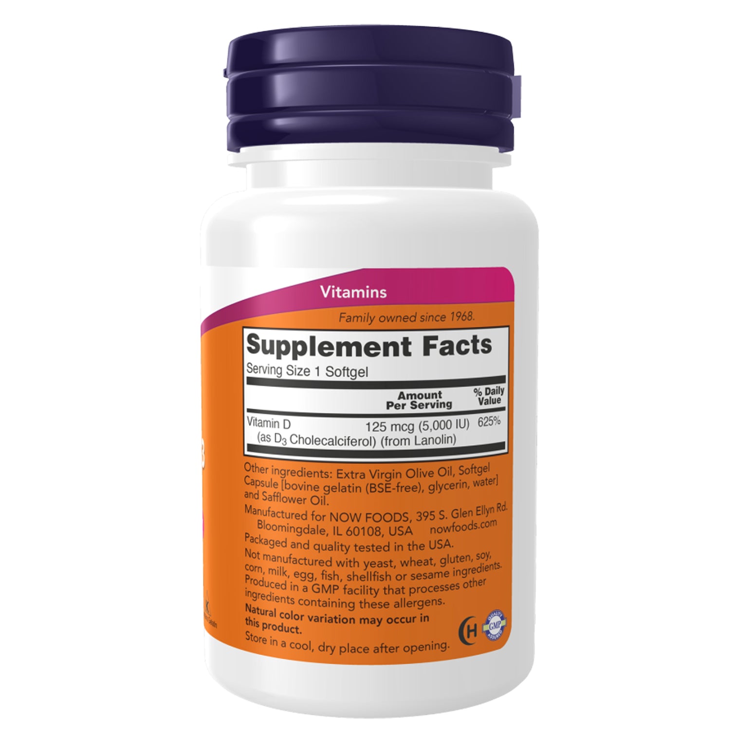 NOW Foods Vitamin D3 5,000 IU High-Potency Softgels Ireland Left Side