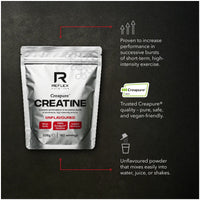 Reflex Nutrition Creapure Creatine package on a dark background with product details.