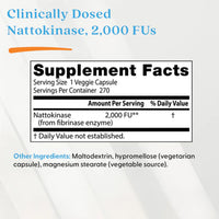 Supplement label with Nattokinase dosage and ingredient list on a white background