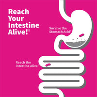 Diagram of a stomach with text 'Reach Your Intestine Alive!' on a pink background