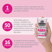 Probiotic supplement container held by a hand with promotional text on a pink background