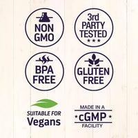 A set of certification and feature badges on a light wood background, including Non GMO, 3rd Party Tested, BPA Free, Gluten Free, Suitable for Vegans, and Made in a cGMP Facility. for Healthy Origins Pycnogenol 100mg supplement