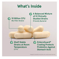 Probiotic capsules with text detailing their features on a light gray background