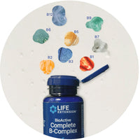 Life Extension B-complex supplement bottle with colorful B vitamins on a white background