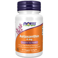NOW Foods Astaxanthin 4mg vegetarian softgels, 60-count bottle front label