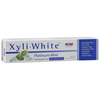 NOW XyliWhite Platinum Mint toothpaste gel outer box, fluoride-free, SLS-free, vegan formula
