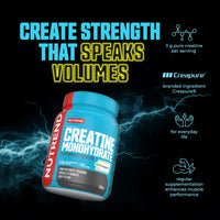 A Nutrend Creatine Monohydrate supplement bottle on a black background with electric blue lightning effects and marketing text. The bottle is light blue with a red side panel and white/yellow label text.