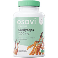 Osavi Cordyceps 1200 mg, 120 vegan capsules, front of bottle showing Cordyceps sinensis extract DER 3:1 and 7% cordycepic acid