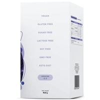 A white rectangular product box with purple text and graphics, showing features like vegan, gluten free, sugar free, lactose free, soy free, GMO free, and keto diet. The box is photographed on a clean white background.
