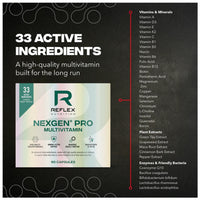 Nexgen Pro Multivitamin nutritional information panel, per 3 capsules, 13 vitamins and 6 minerals