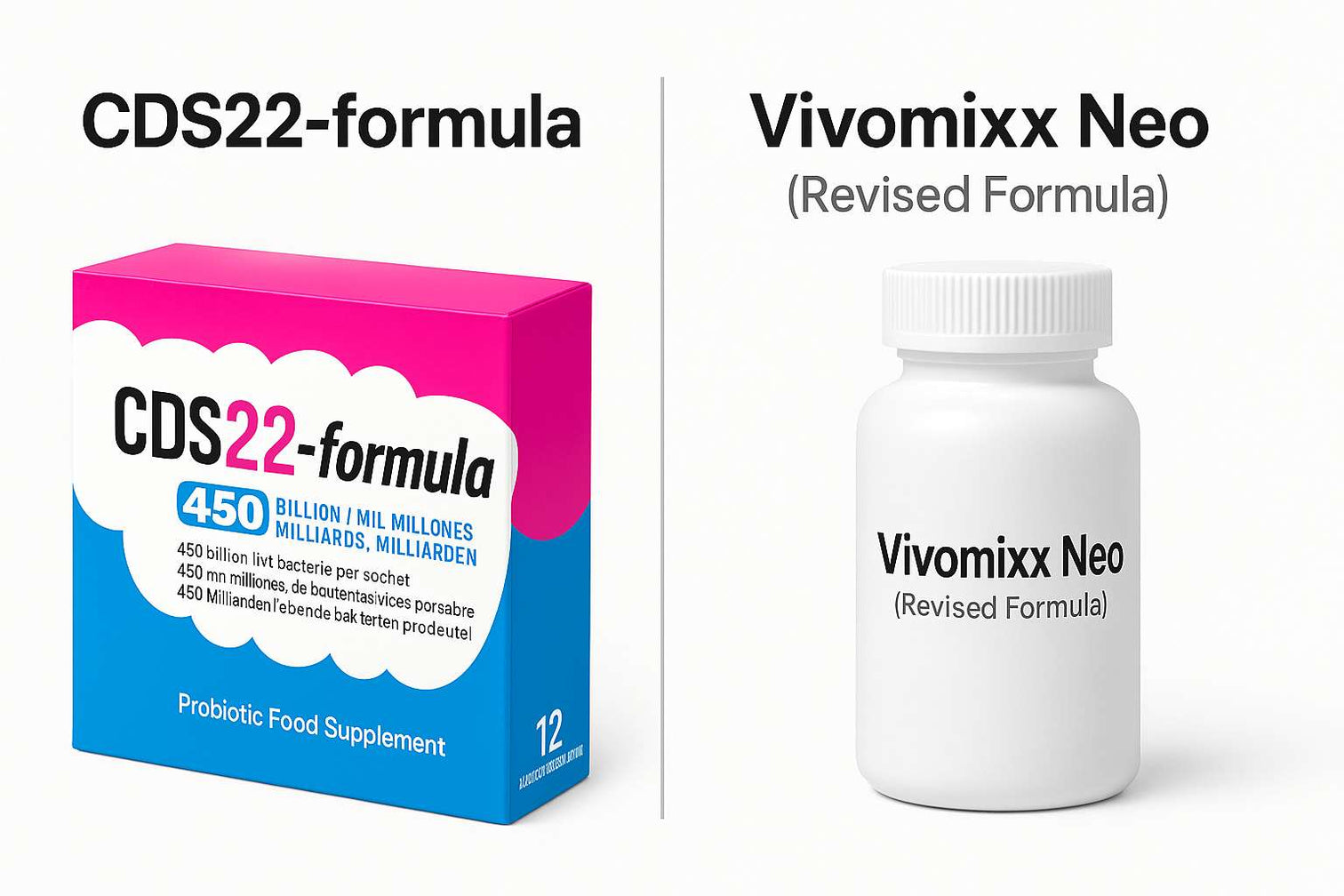 CDS22-formula vs Vivomixx Neo side-by-side probiotic comparison image for Irish customers