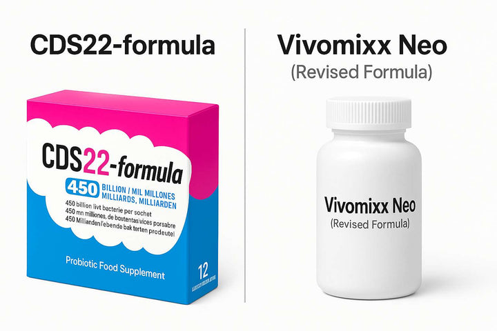CDS22-formula vs Vivomixx Neo side-by-side probiotic comparison image for Irish customers