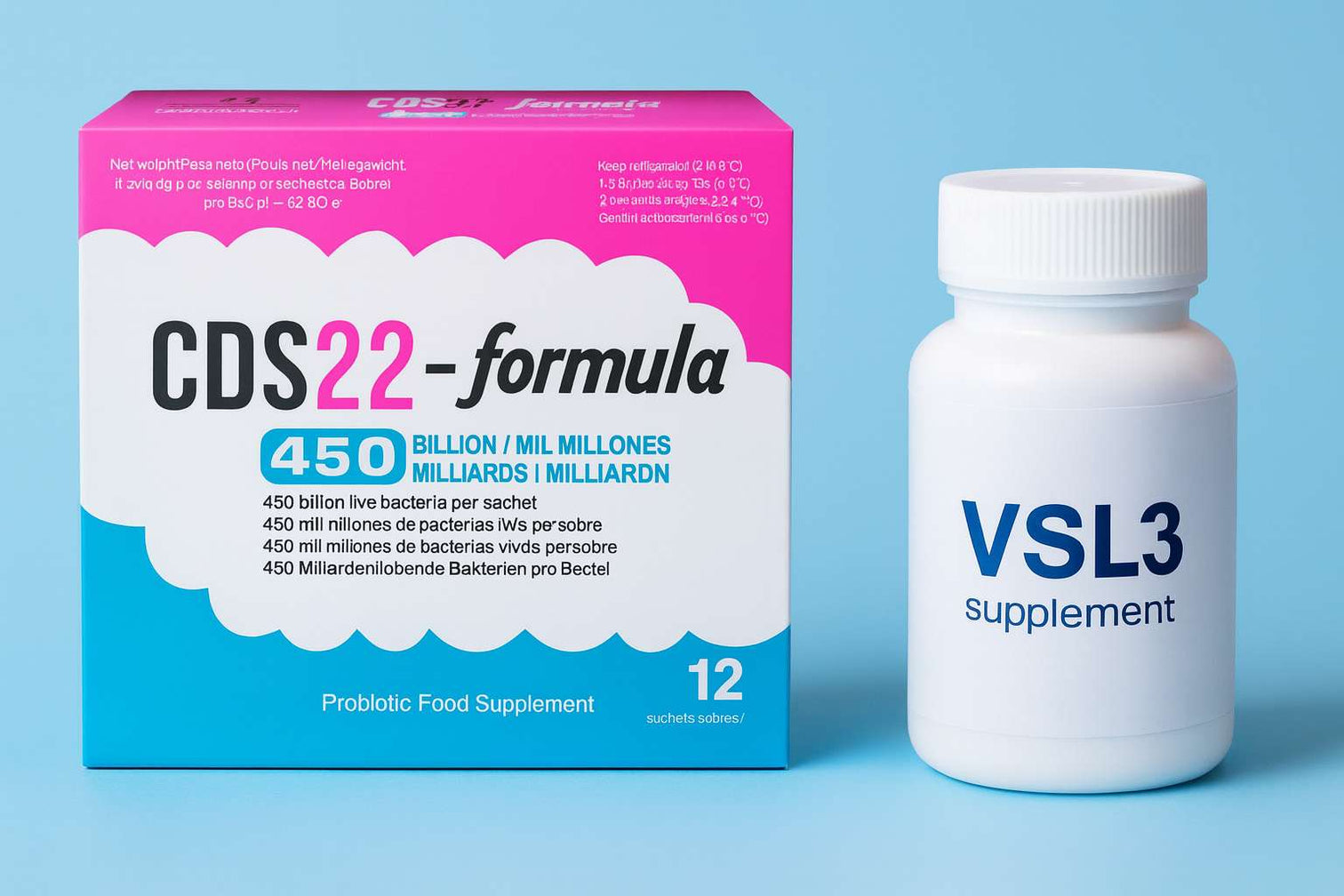Comparison image showing CDS22-formula probiotic box beside a generic VSL3-style capsule bottle for an article comparing original De Simone Formulation with VSL#3.