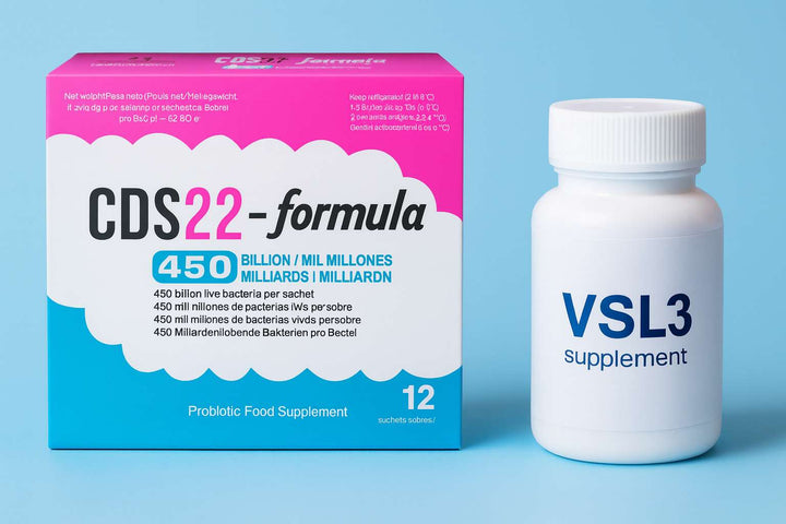 Comparison image showing CDS22-formula probiotic box beside a generic VSL3-style capsule bottle for an article comparing original De Simone Formulation with VSL#3.