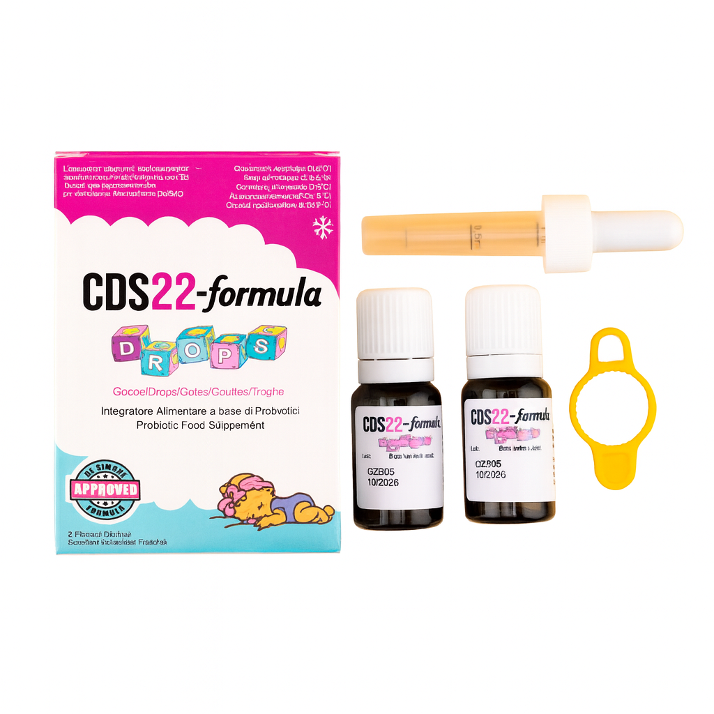 CDS22-formula drops packaging with two bottles and a dropper on a white background