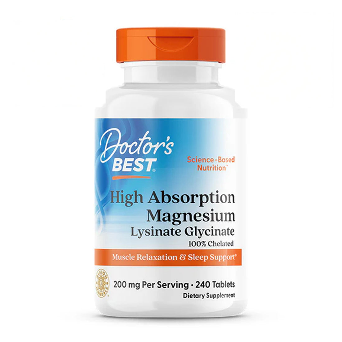 Doctor’s Best High Absorption Magnesium 240 Tablets – highly bioavailable magnesium supplement available in Ireland at Probiotic.ie Front of Pack