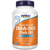 Double Strength DHA-500 Fish Oil supplement bottle with NOW label on a white background - Ireland - Probiotic.ie 180 pack