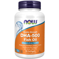 Double Strength DHA-500 Fish Oil supplement bottle with NOW label on a white background - Ireland - Probiotic.ie