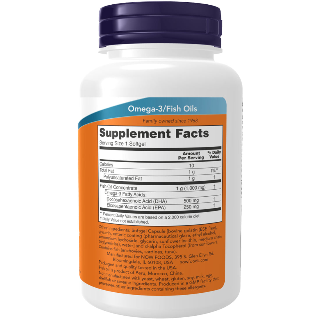 Double Strength DHA-500 Fish Oil supplement bottle with NOW label on a white background - Ireland - Probiotic.ie right side
