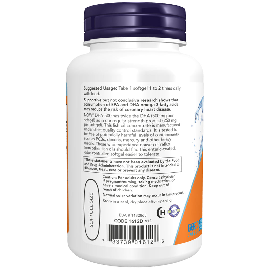 Double Strength DHA-500 Fish Oil supplement bottle with NOW label on a white background - Ireland - Probiotic.ie - left side