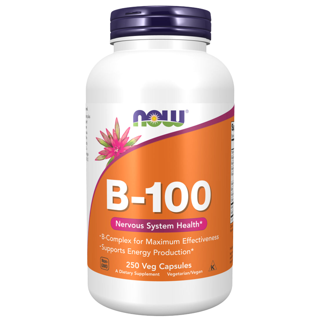 A bottle of Now Foods Vitamin B-100 B-Complex with 100 veg capsules. The label is orange and white with a floral design and the product name prominently displayed.
