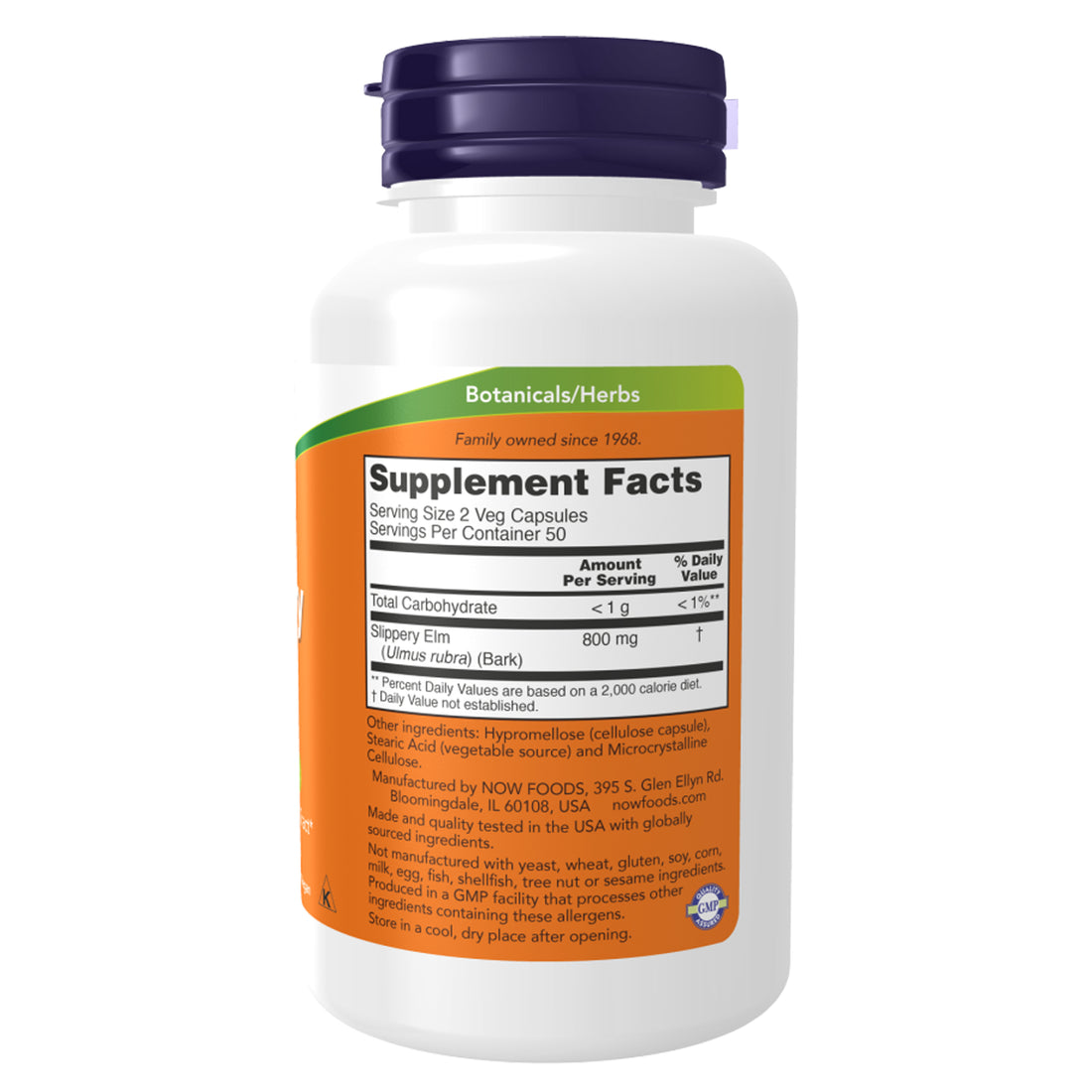 Now Foods Slippery Elm 400 mg Veg Capsules Ireland Right of Pack