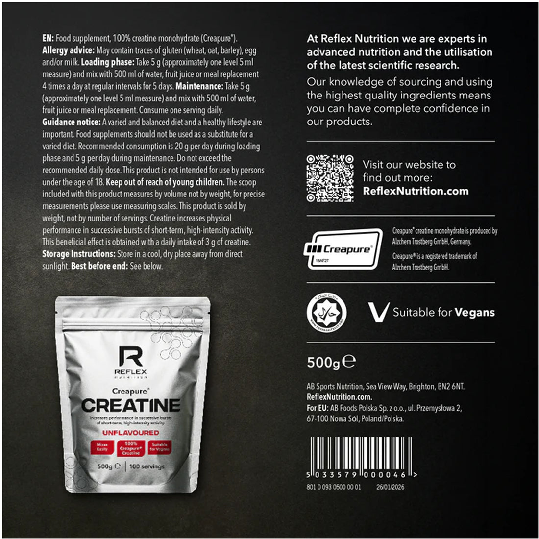 Back label of a Reflex Nutrition creatine supplement package with text and branding.