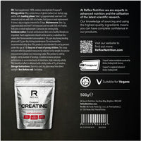 Back label of a Reflex Nutrition creatine supplement package with text and branding.