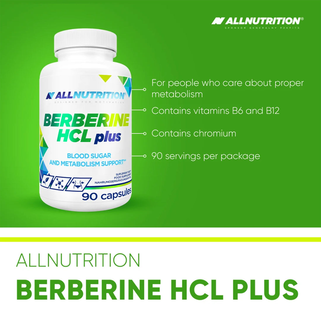 AllNutrition Berberine HCL Plus supplement bottle on a green background