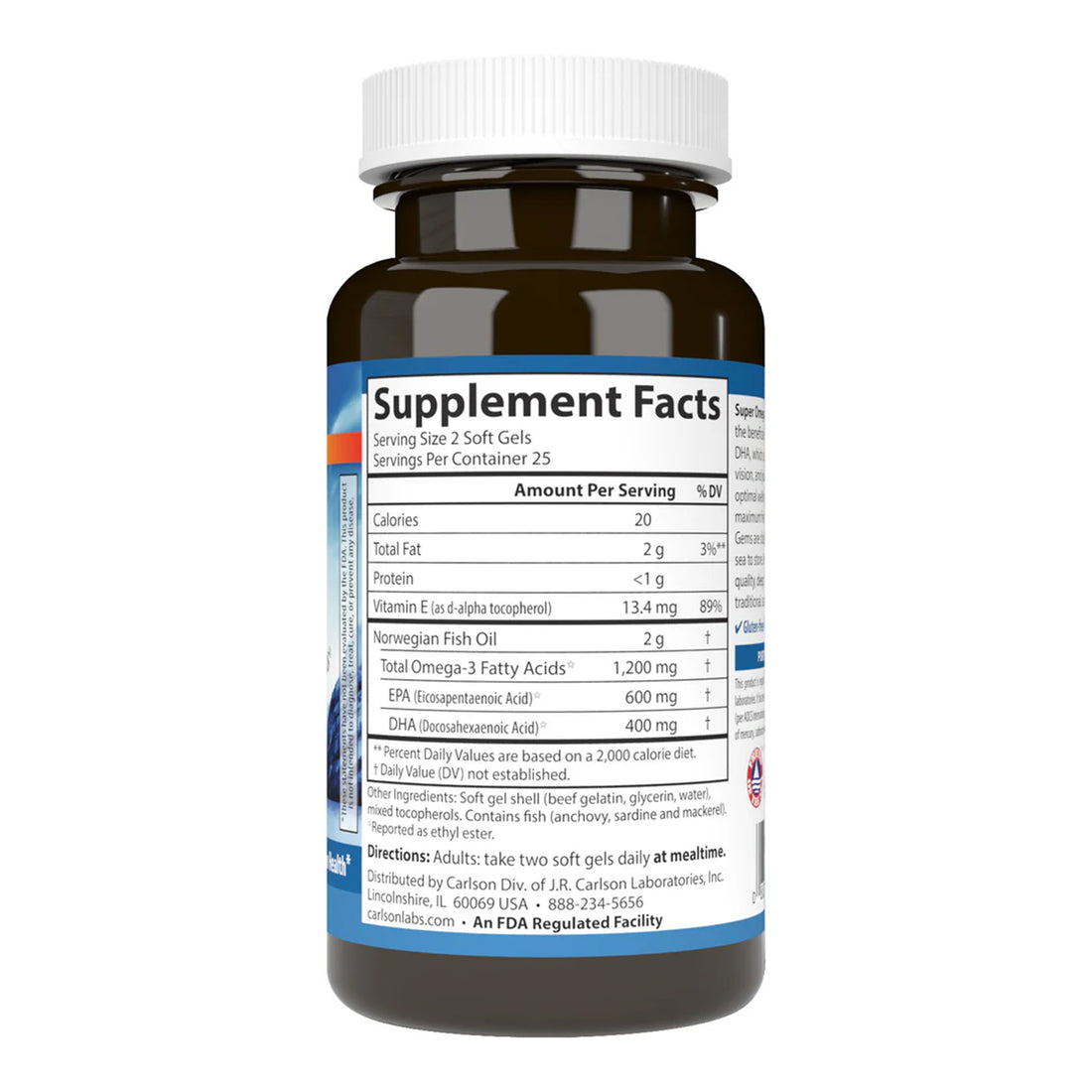 Carlson Labs Super Omega-3 1200mg fish oil softgels bottle front Ireland LEFT SIDE