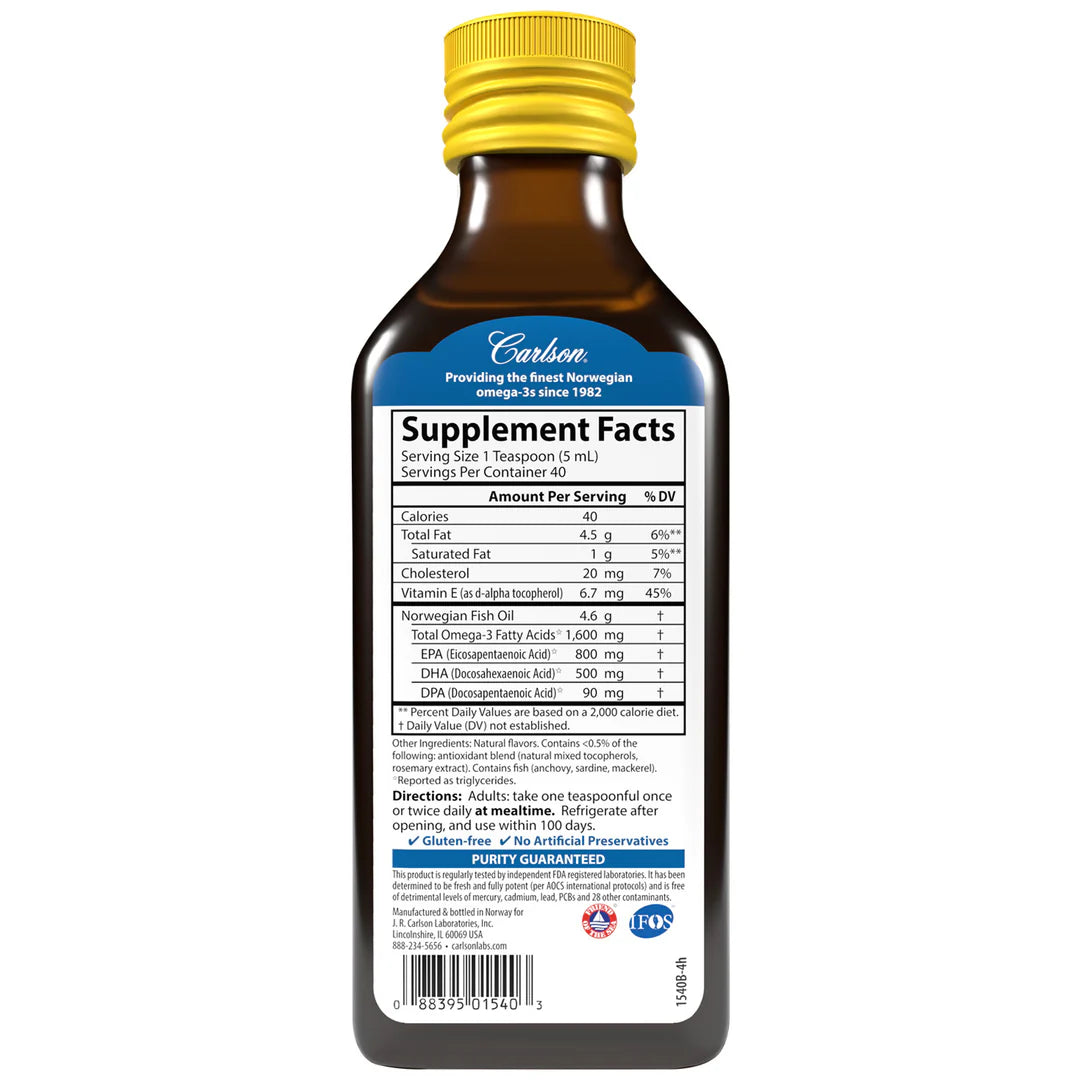 Carlson Very Finest Fish Oil Natural Orange 500 ml Back of Bottle Ireland 