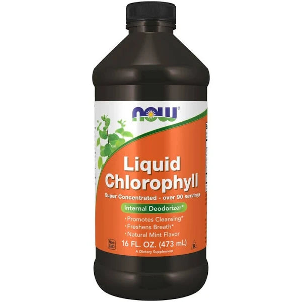 A bottle of Now Foods Liquid Chlorophyll in natural mint flavor,  473ml. Probiotic.ie
