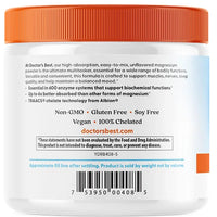 Back view of a white plastic supplement jar with an orange lid, showing product details, ingredients, and a barcode on a white background.