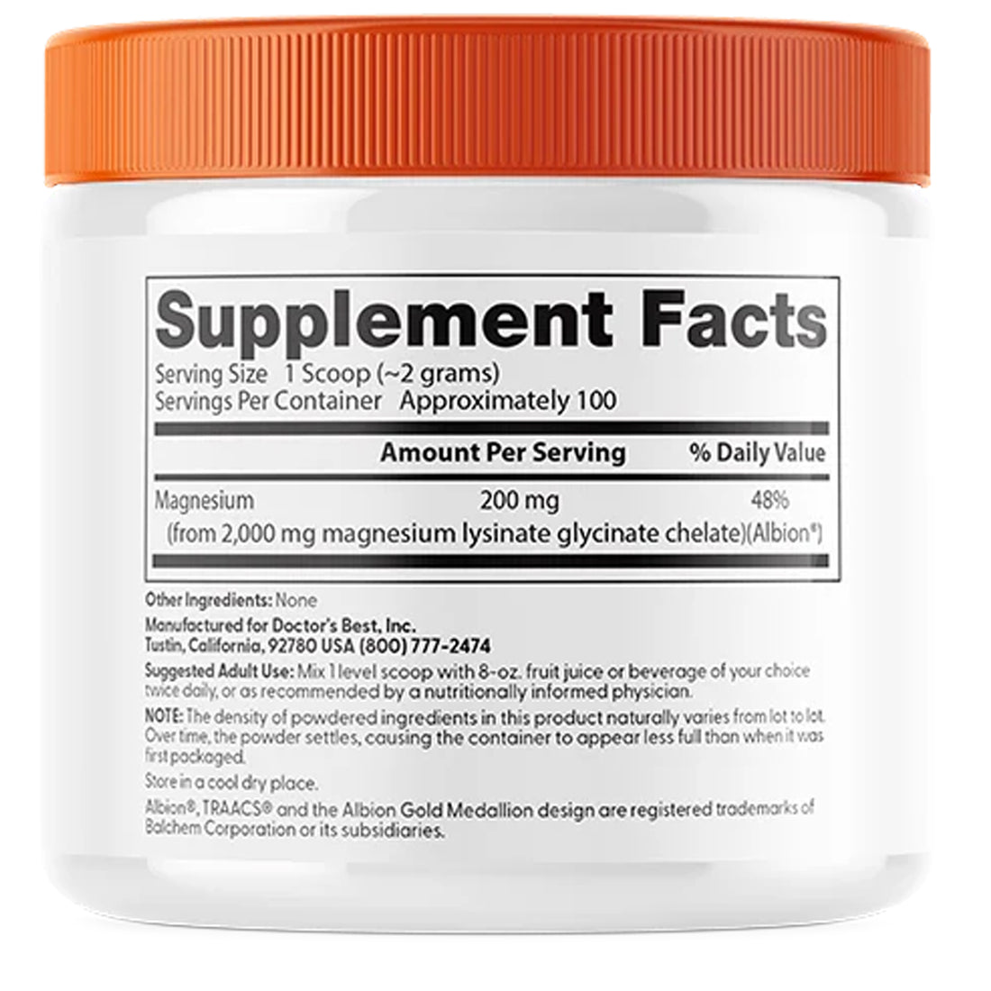 Supplement facts panel: 200mg magnesium per 2g scoop from 2,000mg Albion magnesium lysinate glycinate chelate, 100 servings