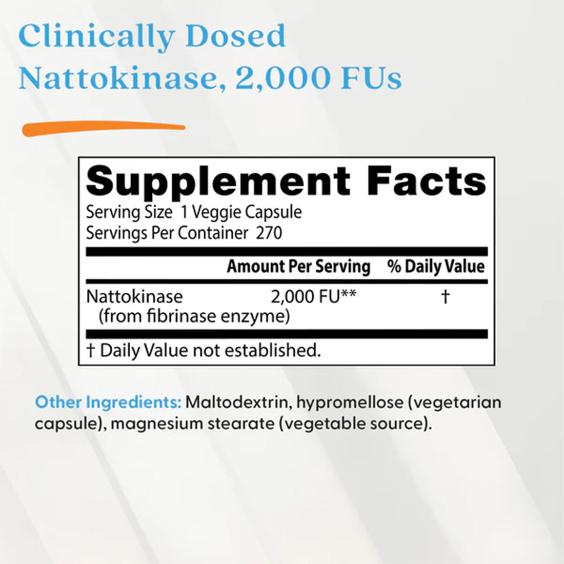 Supplement label with Nattokinase dosage and ingredient list on a white background