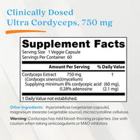 A supplement facts label for Clinically Dosed Ultra Cordyceps, 750 mg, showing a Supplement Facts box with Cordyceps Extract listed at 750 mg and other ingredients and warnings below on a light background.