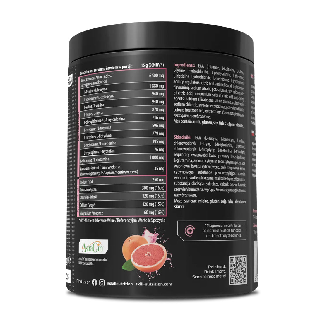 EAA + Electrolytes Pink Lemonade powder 450 g with amino acids and electrolytes side view