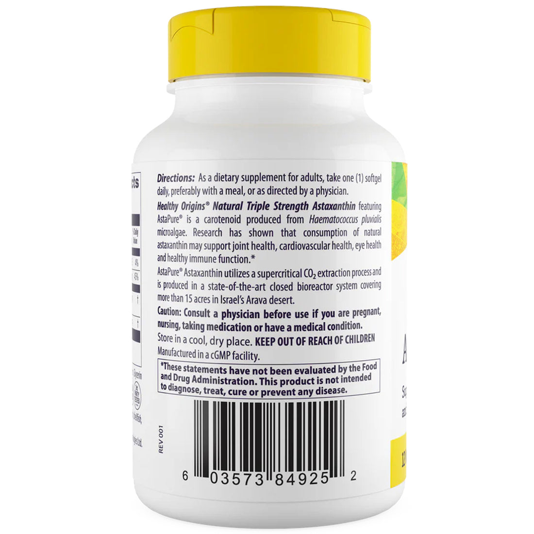 Healthy Origins Astaxanthin 12mg back label with ingredients and directions