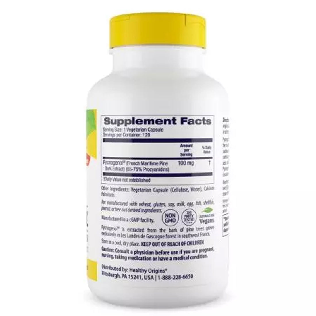 Healthy Origins Pycnogenol 100mg supplement facts panel, 65-75% procyanidins