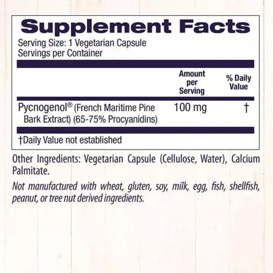Healthy Origins Pycnogenol 100mg supplement facts panel, 65-75% procyanidins and ingredients 