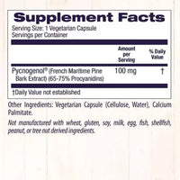 Healthy Origins Pycnogenol 100mg supplement facts panel, 65-75% procyanidins and ingredients 