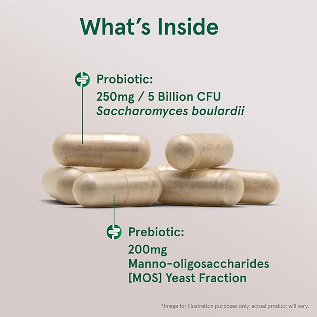 Probiotic capsules with text detailing contents on a light gray background