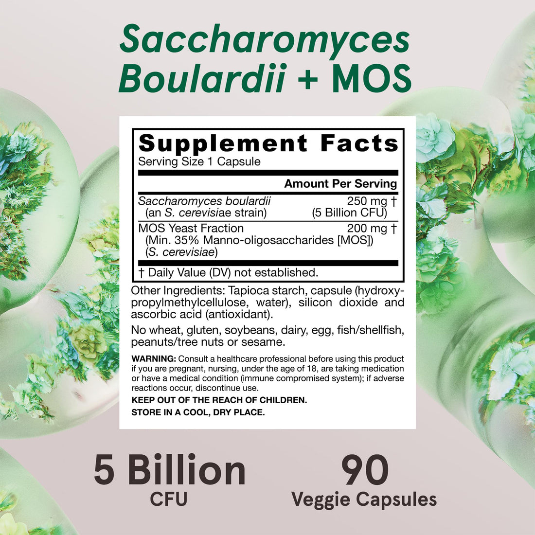 Supplement label for Saccharomyces Boulardii + MOS with green capsules on a light pink background
