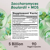 Supplement label for Saccharomyces Boulardii + MOS with green capsules on a light pink background