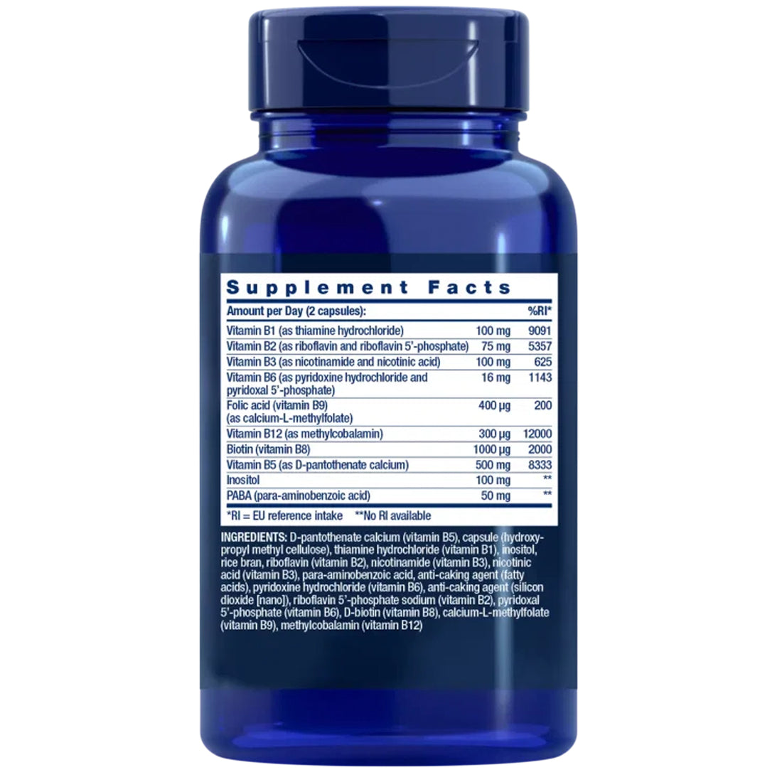 Life Extension BioActive Complete B-Complex supplement facts panel listing all 8 B vitamins per 2 capsules, including B12 as methylcobalamin 300mcg and folate as calcium-L-methylfolate 400mcg