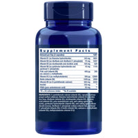 Life Extension BioActive Complete B-Complex supplement facts panel listing all 8 B vitamins per 2 capsules, including B12 as methylcobalamin 300mcg and folate as calcium-L-methylfolate 400mcg