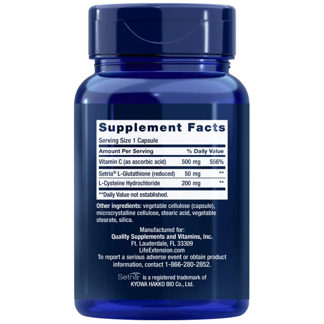 Supplement facts panel: 500 mg vitamin C, 200 mg L-cysteine hydrochloride, 50 mg Setria L-glutathione per caps
