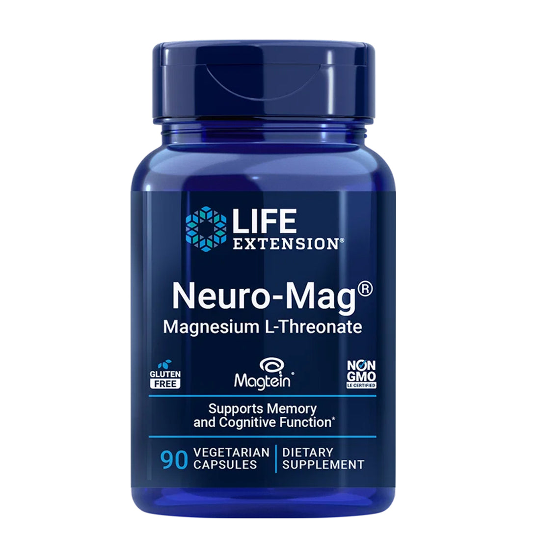 Life Extension Neuro-Mag Magnesium L-Threonate, front of bottle, 90 vegetarian capsules, Magtein, gluten-free and non-GMO