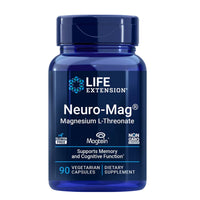 Life Extension Neuro-Mag Magnesium L-Threonate, front of bottle, 90 vegetarian capsules, Magtein, gluten-free and non-GMO